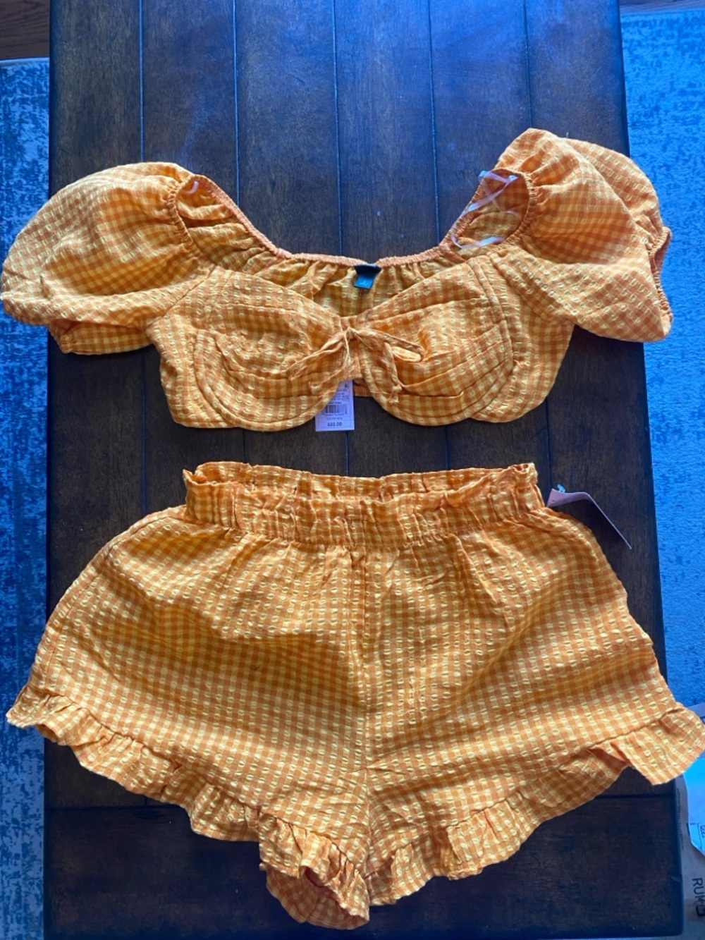 wild fable Yellow Gingham Puff Sleeve Crop Top and Ruffle Shorts Set